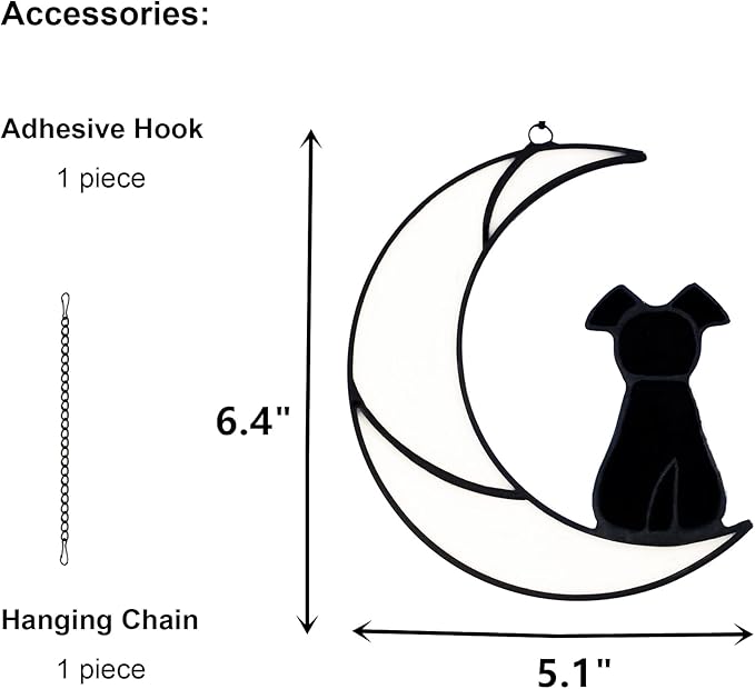 Stained Glass Pet Dog Memorial Gifts for Dog Lovers, Black Dog Decor on White Moon Window Hangings Suncatcher, Loss of Dog Sympathy Gift, Pet Loss Remembrance Gifts in Memory of Dog