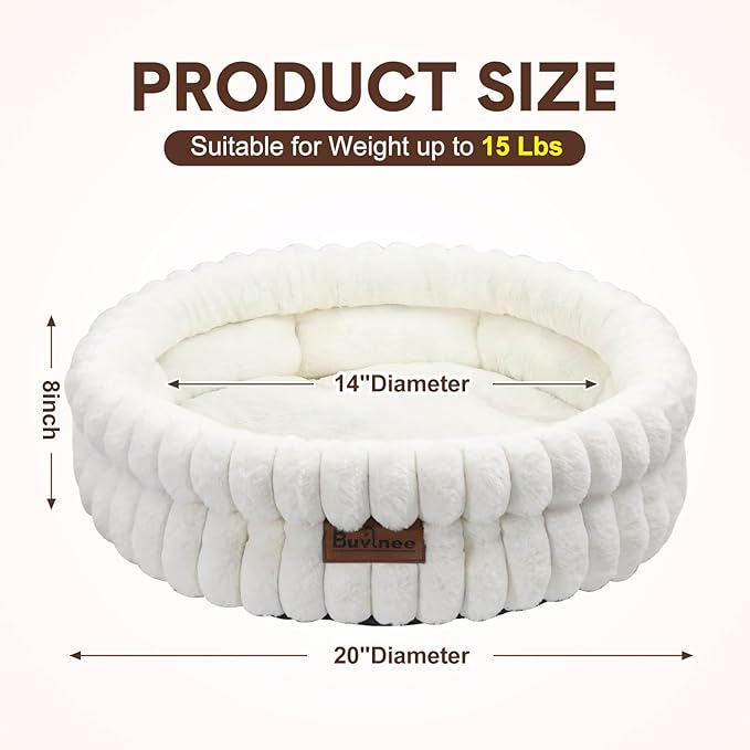 Cat Beds for Indoor Cats, Washable Round Bed for Small Dogs, Soft Pet Bed for Puppy and Kitten with Anti-Slip Bottom (White, 24in)