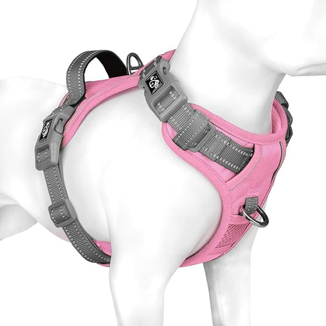 PHOEPET No Pull Dog Harness, Unique Colors Reflective Adjustable Dog Vest, with Soft Training Handle Metal Clips for Small Medium Large Dogs (Baby Pink Base & Grey Straps,XL)