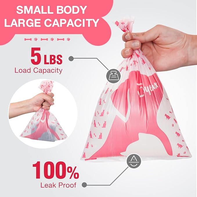 180 Count Dog Poop Bags Rolls with Dispenser, Leak Proof, Extra Thick Doggie Pet Waste Bags, Poop Bag and Doggy Holder for Dogs Cats, Unscented, Pink