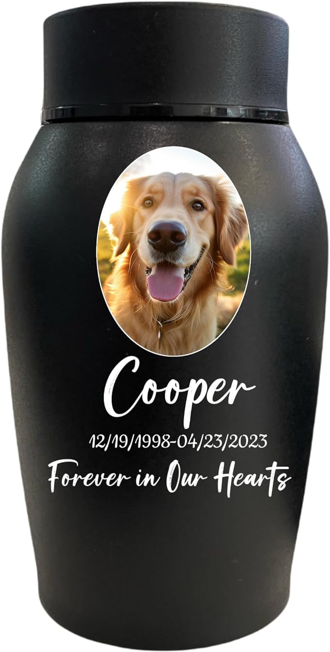 Personalized Dog Urn - Stainless Steel Cremation Urn for Pet Ashes - Custom Photo Pet Memorial - Oval