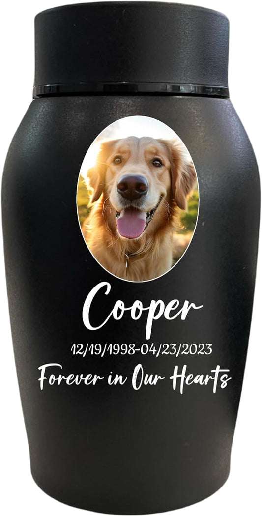 Personalized Dog Urn - Stainless Steel Cremation Urn for Pet Ashes - Custom Photo Pet Memorial - Oval