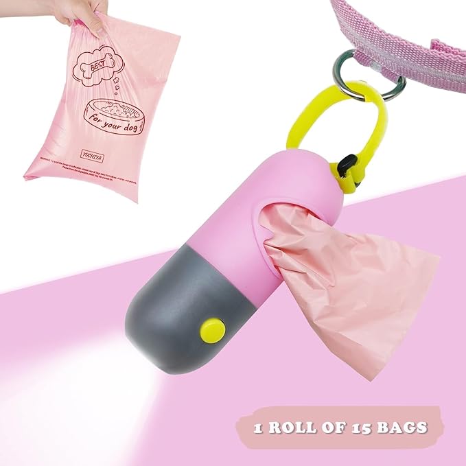 Dog Poop Bags Holder with LED Flashlight|Pet Waste Bags Dispenser for Leash|Doggie Potty Bags Container with Leak-proof Pet Trash Bags and Accessories (1 Holder 195 Bags, Pink)