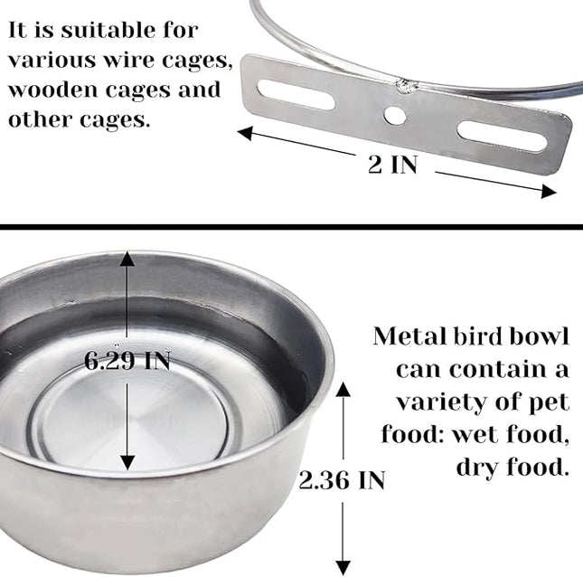 PINVNBY 2pcs Stainless Steel Bird Bowl Water Dish for Parrot, Parakeet, African Greys, Conure, Cockatiels, Lovebird, Budgie, Chinchilla（Three Screws Size: XL）