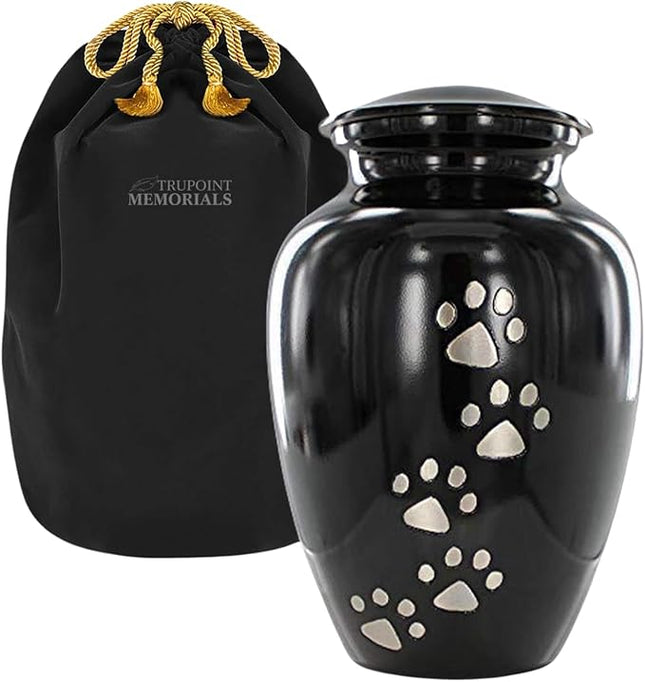 Trupoint Memorials Large Pet Urn for Dogs and Cats Ashes, Paws Print Black Cremation Urns for Pets up to 122 lbs