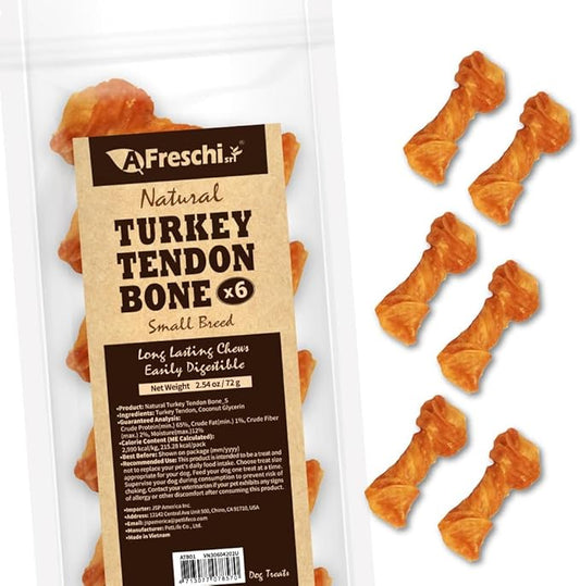 AFreschi Turkey Tendons for Dogs, USA-Sourced, Healthy Dog Treats, Rawhide-Free Puppy Chews, Long Lasting, All Natural, Hypoallergenic Dog Treats for Small Breeds, 6 Count Pack Bone (S)
