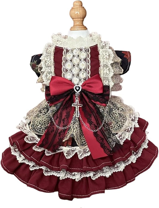 Fashion Sweet Puppy Dog Lace Princess Dress for EXTRAL Small and Small Dog A-WineRed XX-Small