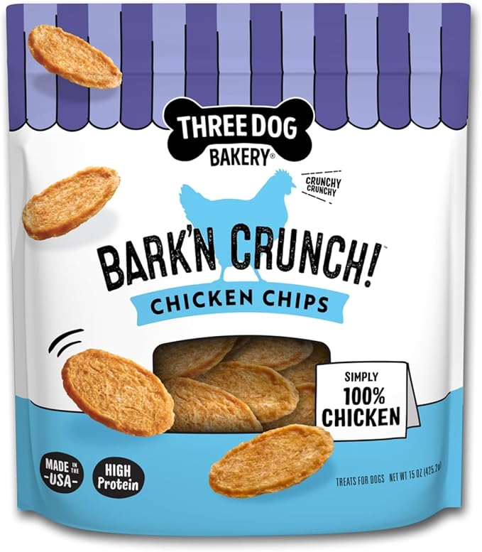 Three Dog Bakery Bark’N Crunch! Chicken Chips, Large 15oz, Crunchy Dog Treats, Single Ingredient, High Protein Snacks, Chicken Treats, Low Calorie Healthy Training Treat, Made in The USA