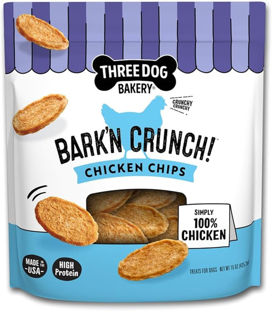 Three Dog Bakery Bark’N Crunch! Chicken Chips, Large 15oz, Crunchy Dog Treats, Single Ingredient, High Protein Snacks, Chicken Treats, Low Calorie Healthy Training Treat, Made in The USA