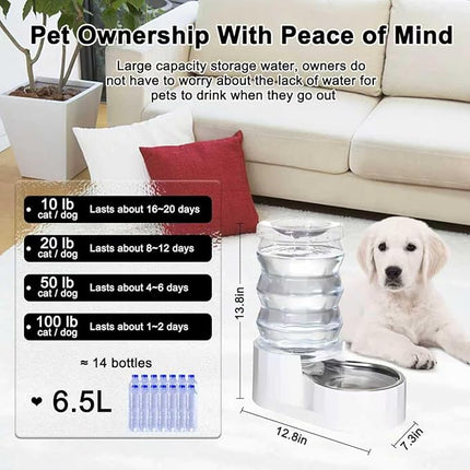 RIZZARI Automatic Gravity Pet Waterer: 6.5L White Stainless Steel Water Dispenser - Large Capacity with Triple Filter and Specialized Brush for Senior Dogs with Spinal Issues - for Living Room Bedroom