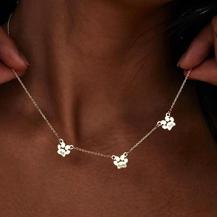 Customized Paw Print Necklace Personalized Pet Name Necklace Custom Engraved Dog Cat Paw Pendant Necklace Pet Memorial Gift for Pet Lovers