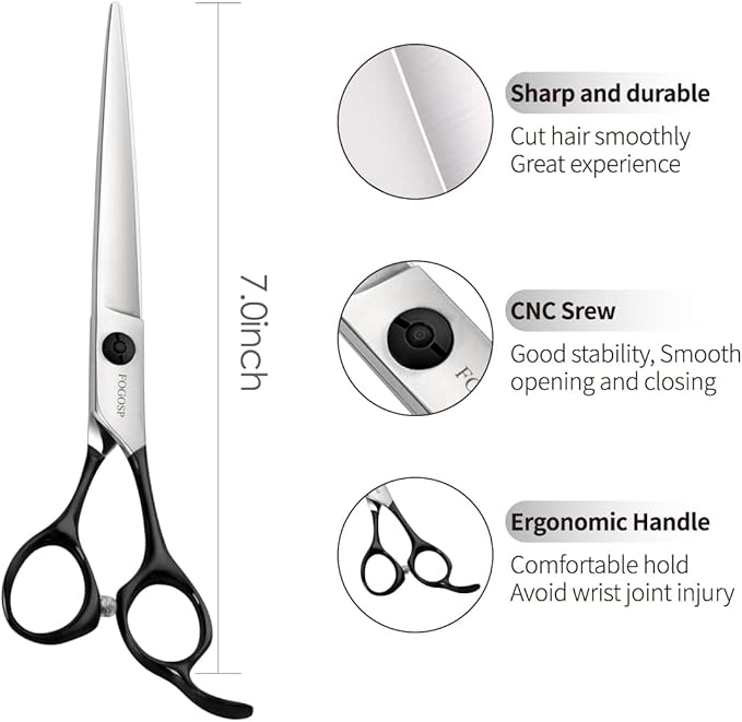 Professional Dog Grooming Scissors Straight 7" Grooming Shears for Cutting Small Pet Cat Thick Hair Japan 440C Stainless Steel Super Sharp Right Handed(7 in Straight, Black)