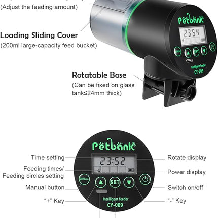 Automatic Fish Feeder for Aquarium - Rechargeable Fish Food Auto Dispenser Vacation Turtle Feeder with USB Charger Cable，LCD Screen, Customized Schedule，Black