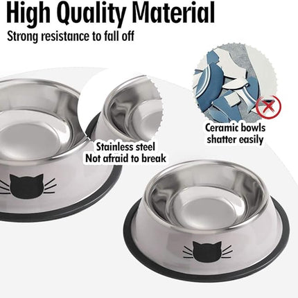 Cat Bowls for Food and Water,2PCS Rapsrk Non-Slip Stainless Steel Small Food Bowls 8 Oz Pet Bowl with Removable Rubber Base Dog Bowl,Stackable Cat Puppy Dishes Bowls with Cute Cats Painted