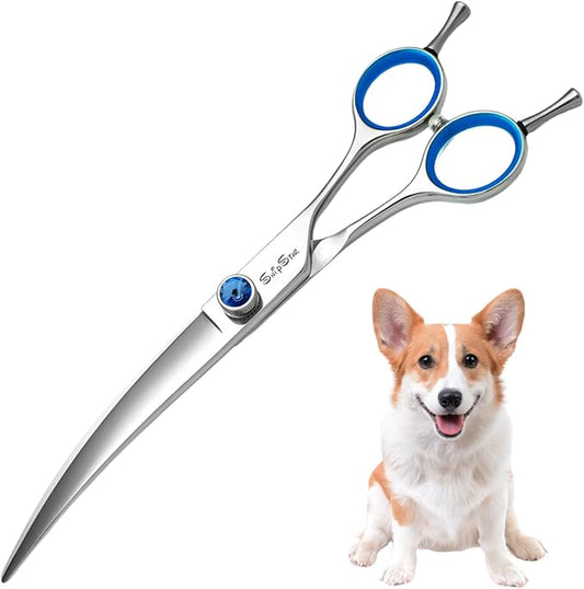 8inch Curved Dog Grooming Scissors Professional, Japanese VG10 Steel Sharp Pet Shears, with CNC Screw & Ergonomic Handle, 30 Degree Bend Cat Dog Trimming Scissors for Grooming Face and Paws Groomers