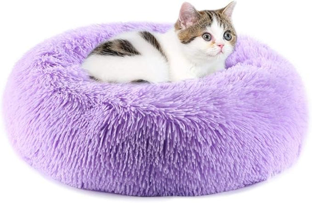 Purrfect Cat Beds - Washable 20 inches, Anti-Anxiety Round Plush Faux Fur, Thick Bottom (Purple, Medium) - Suitable for Indoor Cats & Small/Medium Dogs