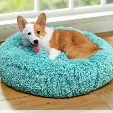 Cat Beds for Indoor Cats - Cat Bed Washable 20/24 inches, Dog Beds for Small Medium Dogs, Anti Anxiety Round Fluffy Plush Faux Fur Pet Bed, Thick Bottom (Blue, Large 24" L x 24" W)