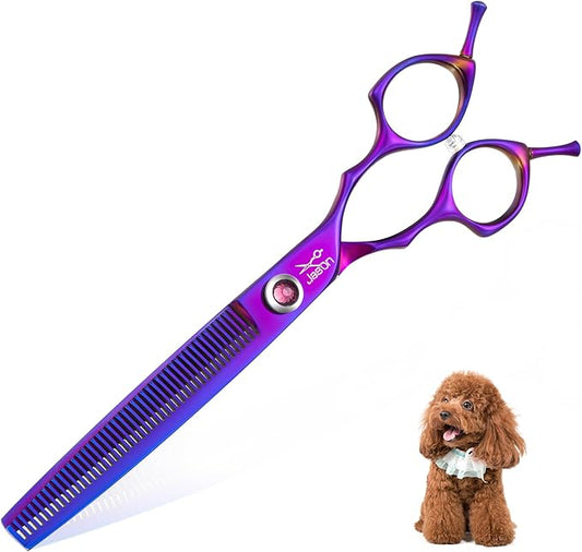 JASON Dog Scissors for Grooming - 7.5" Thinning Scissors for Dog Grooming, Japanese 440C Stainless Steel Blender Shears with Diamond Adjustable Screw (45 Teeth, Purple)