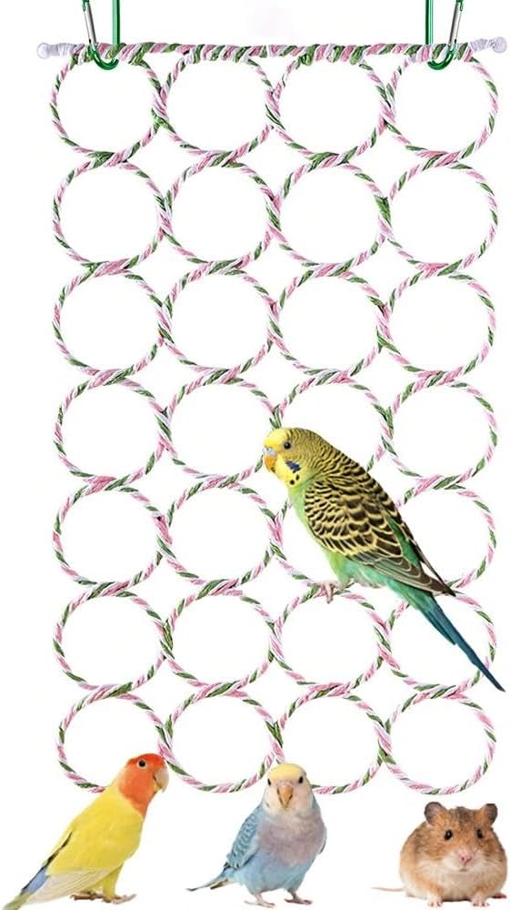 Bird Rat Climbing Rope Net Bird Swing, Parrot Cage Toys,Small Animal Activity Toy for Gerbil,Swing Hanging Play with Mirror for Macaw African Greys Parakeet Cockatoo Lovebirds (Bird Perch)