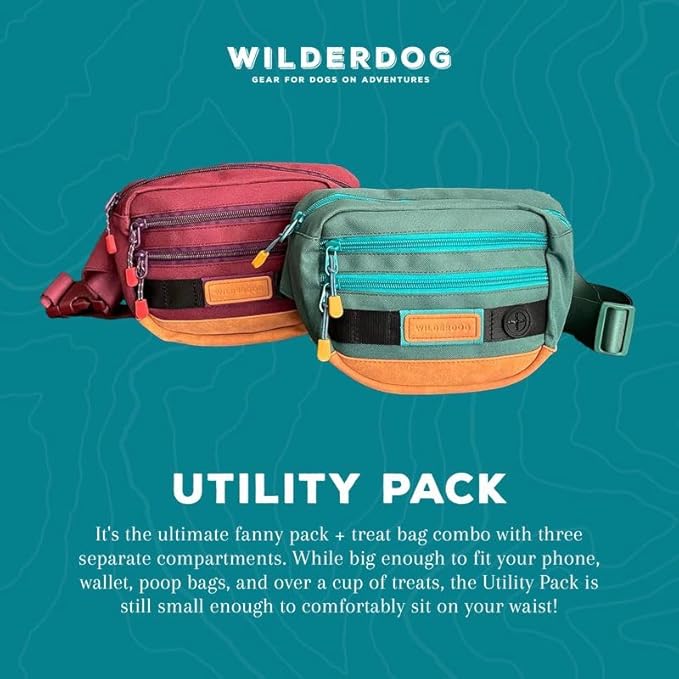 Wilderdog Utility Fanny Pack stores Treats, Balls, Keys in 3 Pockets with adjustable strap and Poop Bag dispenser (Evergreen)