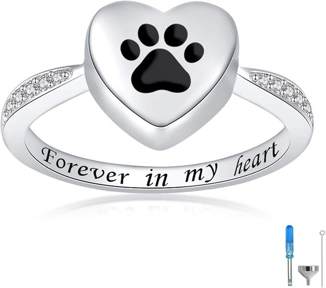 925 Sterling Silver Love Heart Urn Ring for pet Dog Cat's Ashes Keepsake Memorial Tiny Jewelry Forever in My Heart Paw Print Cremation Finger Rings