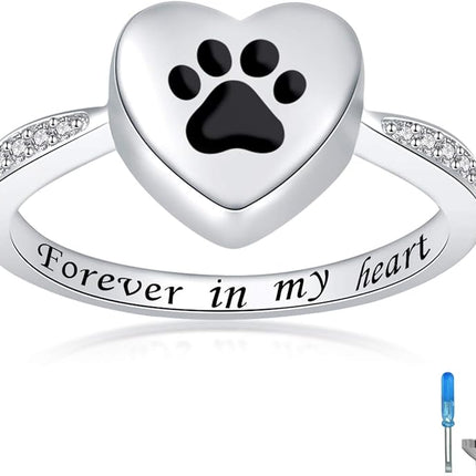 925 Sterling Silver Love Heart Urn Ring for pet Dog Cat's Ashes Keepsake Memorial Tiny Jewelry Forever in My Heart Paw Print Cremation Finger Rings