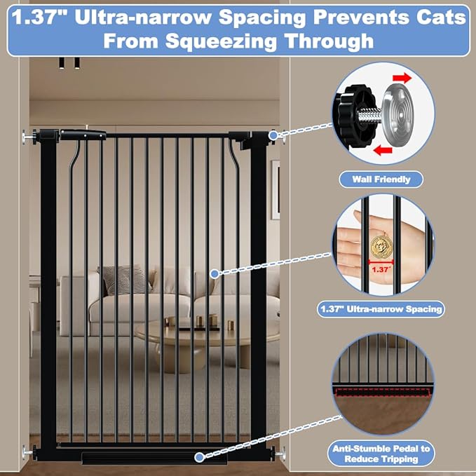 40.55" Extra Tall Baby Gate for Stairs-40.6"-54.7" Wide 1.37" Ultra Narrow Spacing Extra Wide Pet Cat Gate Dog Gate-Auto-Close Pressure Mounted Dog Door for Pets and Kids,Black