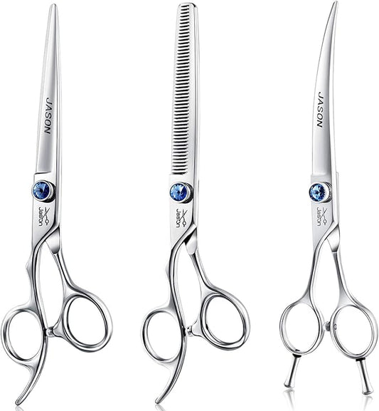 JASON Left Handed 7" Dog Grooming Scissors Set, 3 in 1 Ergonomic Blending, Curved, Straight Cat Pet Hair Trimming Thinning Professional Kits with Offset Handle and a Jeweled Screw