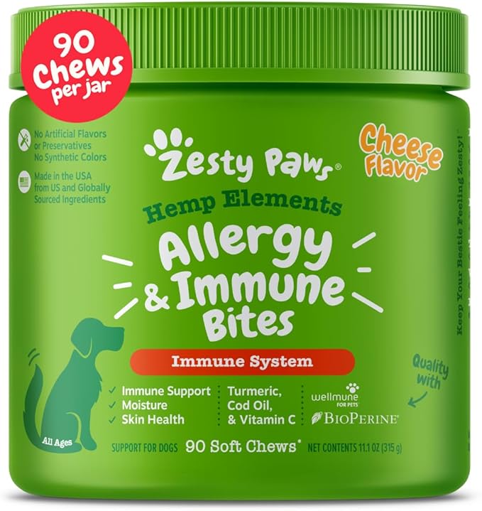 Zesty Paws Dog Allergy Relief - Anti Itch Supplement - Omega 3 Probiotics for Dogs - Salmon Oil Digestive Health - Soft Chews for Skin & Seasonal Allergies - with Epicor Pets – Hemp - 90 Count…