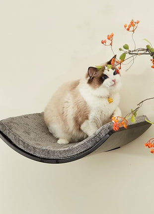 Cat Shelf with Comfortable Cushion - Curved Modern Cat Bed (Large Size) - Lotus Leaf Design Cats Wall Perch - Wall Mounted Cats Furniture for Sleeping, Playing, Climbing, and Lounging, Walnut