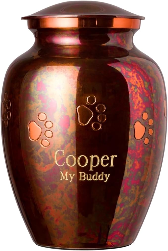 Ottillie Paws Elite Series Personalized Pet Urn for Dogs and Cats - Pet Memorial Urns with Custom Engraving (Raku, Horizontal, Brass, Medium)