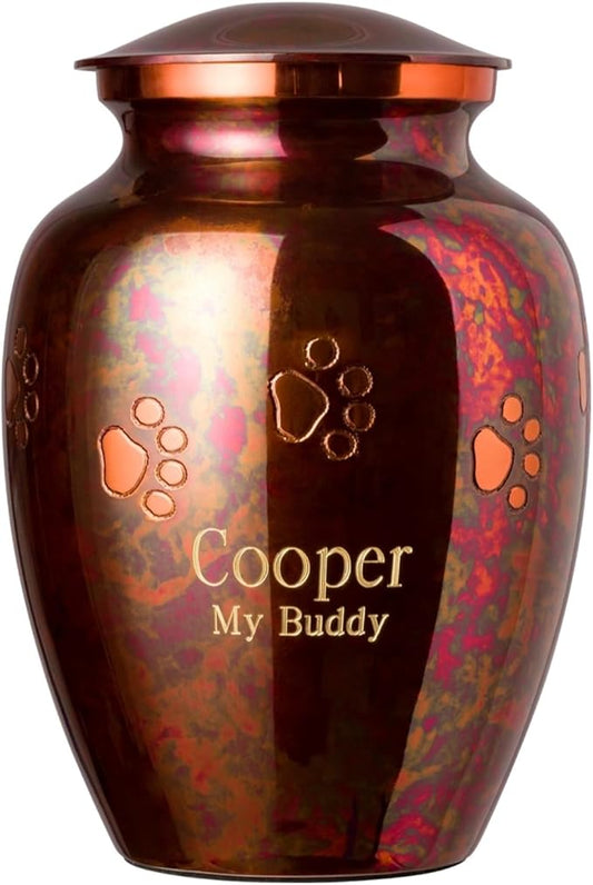 Ottillie Paws Elite Series Personalized Pet Urn for Dogs and Cats - Pet Memorial Urns with Custom Engraving (Raku, Horizontal, Brass, Medium)