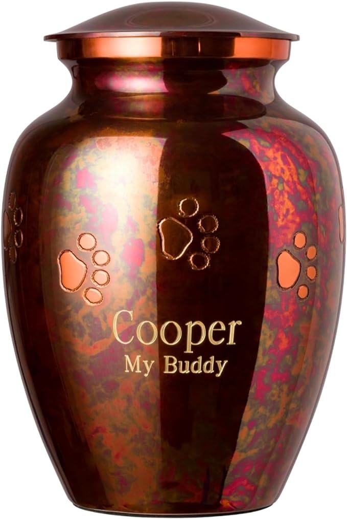 Ottillie Paws Elite Series Personalized Pet Urn for Dogs and Cats - Pet Memorial Urns with Custom Engraving (Raku, Horizontal, Brass, Small)