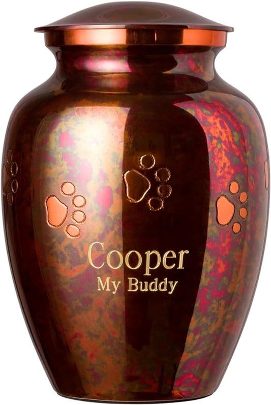 Ottillie Paws Elite Series Personalized Pet Urn for Dogs and Cats - Pet Memorial Urns with Custom Engraving (Raku, Horizontal, Brass, Small)