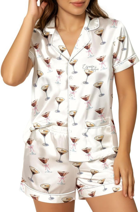 Women’s Silk Satin Pajama Set, Short Sleeve Button Down 2 Piece PJs with Shorts, Cozy Loungewear & Matching Holiday Pajamas