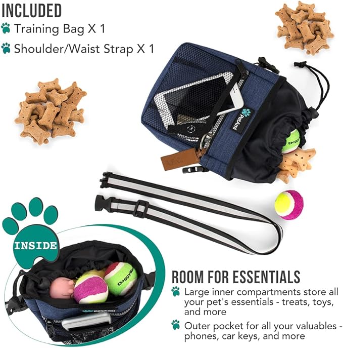 PetAmi Dog Treat Pouch, Pet Treat Pouch for Training, Dog Walking Bag Holder for Kibbles, Pet Food Toy, Dog Trainer Essentials Supplies, Poop Bag Dispenser, 3 Ways to Wear (Heather Navy)