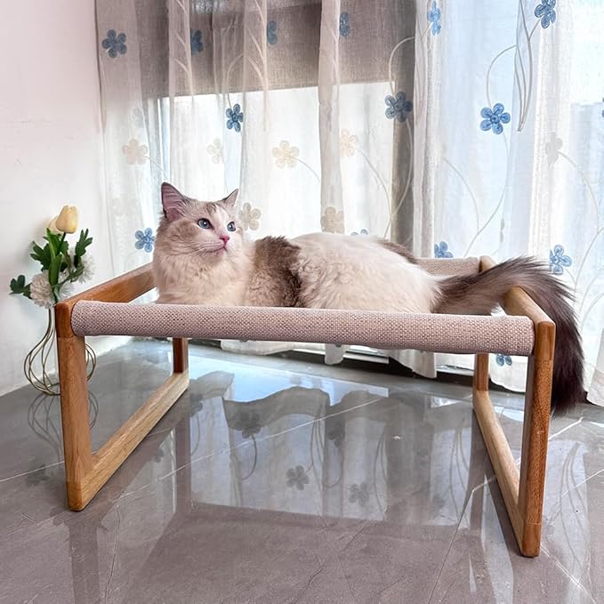 Cat Bed, Solid Wooden Pet Hammock, Soft and Breathable Fabrics, Cat Beds for Indoor Cats Washable, Dog Bed for Small Dogs (Solid Rubberwood, 21" L x 16.5" W x 10" H)