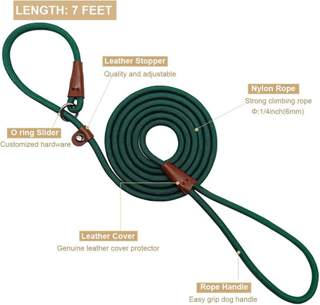 BTINESFUL 7FT Slip Lead Dog Leash, Strong Nylon Rope Leash, 1/4 inch Diam Dog Training Lead for Small Medium Large Dogs, Dark Green
