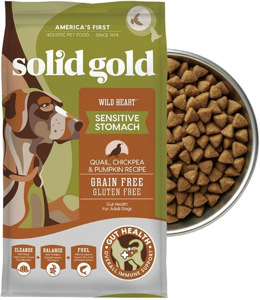 Solid Gold Sensitive Stomach Dog Food for Adult & Senior Dogs - Grain Free Healthy Dog Food w/Real Quail, Pumpkin, Fiber & Probiotics for Gut Health & Digestion - Kibble for Sensitive Stomachs - 24LB