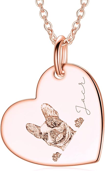 LONAGO 925 Sterling Silver Custom Dog Cat Portrait Photo Necklace Personalized Pet Engraved Picture Pendant Memorial Gift Name Jewelry for Women Mom