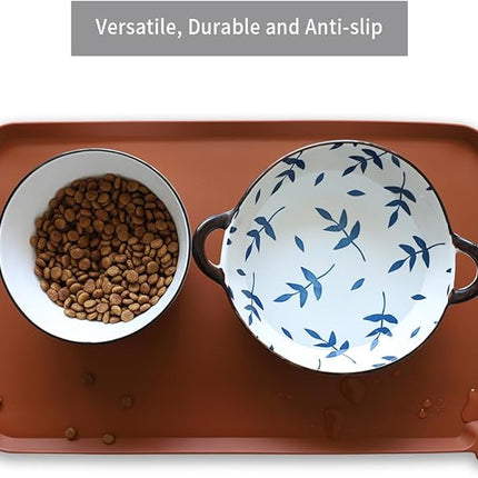 Hoki Found Silicone Pet Food Tray - Non Slip Pet Dog Bowl Mats - Cat Waterproof Mat for Carpet - Caramel