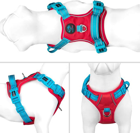 PHOEPET No Pull Dog Harness, Unique Colors Reflective Adjustable Dog Vest, with Soft Training Handle Metal Clips for Small Medium Large Dogs (Red Base & Teal Straps,L)