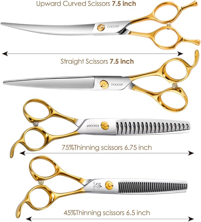 Professional 7.5" Dog Grooming Scissors Kit 4pcs, JP 440C Stainless Steel Curved Blender Straight Chunker Shears for Dog Cat and Pets (7.5 in Kit, Gold)
