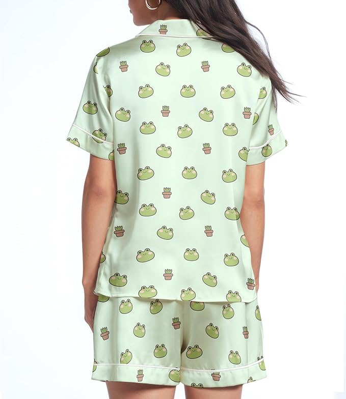 Women’s Silk Satin Pajama Set, Short Sleeve Button Down 2 Piece PJs with Shorts, Cozy Loungewear & Matching Holiday Pajamas