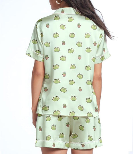 Women’s Silk Satin Pajama Set, Short Sleeve Button Down 2 Piece PJs with Shorts, Cozy Loungewear & Matching Holiday Pajamas