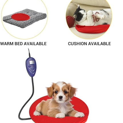 NAMSAN Heating Pad for Cats Small Dogs Heated Dog Bed Round Cat Tree Heating Bed Rabbit Warming Pad, Temperature Adjustable, Chew Resistant Cord, Red