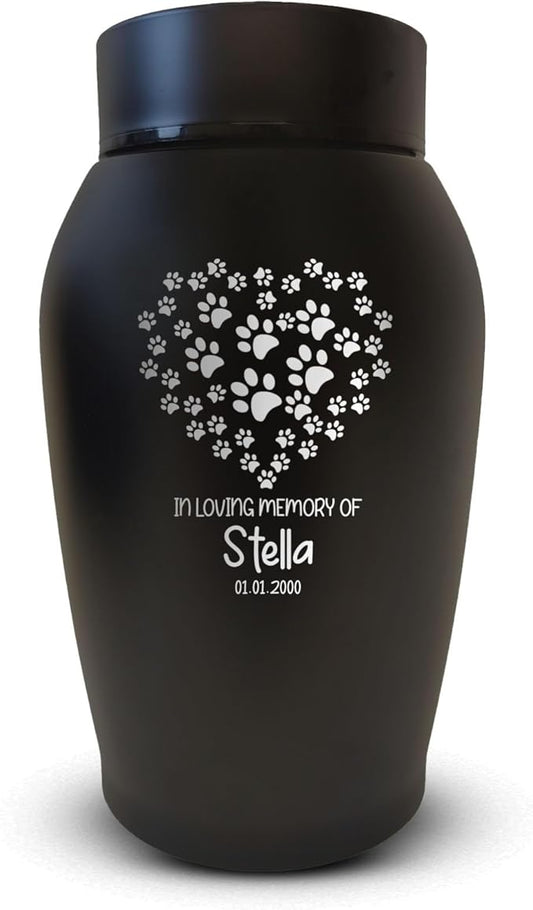 Personalized Custom Small Keepsake Urn Engraved with Pet Name, Date, and Dog Design - 5.2" Black Powder Coated Steel Cremation Urn for Dogs Ashes | 12-16 lb Capacity, Paw Print Heart