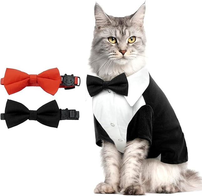 QBLEEV Cat Tuxedo Suit, Sphynx Cat Suit for Cat with Two Bow Tie, Cat Tuxedo Outfit for Birthday Photo Shoot, Formal Onesie Attire Wedding Costumes for Kitten, Male Cat Clothes for Hairless Cats Only