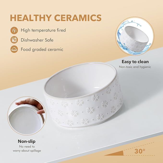 8.2inch Ceramic Raised Dog Bowl Set, Elevated Dog Bowl with Acacia Wood Stand, Food and Water Bowl for Large Breed Dogs, Weighted Pet Dishes(60oz, Arctic White)