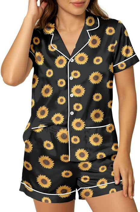 Women’s Silk Satin Pajama Set, Short Sleeve Button Down 2 Piece PJs with Shorts, Cozy Loungewear & Matching Holiday Pajamas